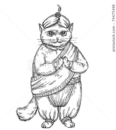 Cat dressed in national bavarian clothes and turban. Vintage monochrome hatching illustration 74475496