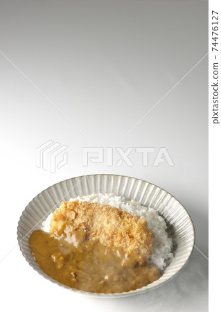 一個熱的炸肉排咖哩和一個大豬肉炸肉排在白色背景上的中間鏡頭 74476127
