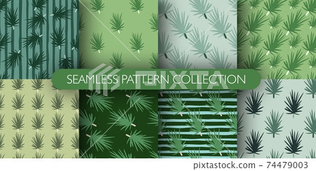 Set of simple seamless pattern with stylized doodle pine branches ornament. 74479003