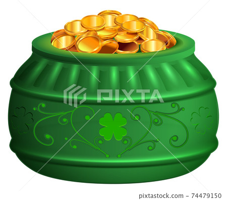 Green pot of gold coins. Saint patricks day treasure symbol clover luck 74479150