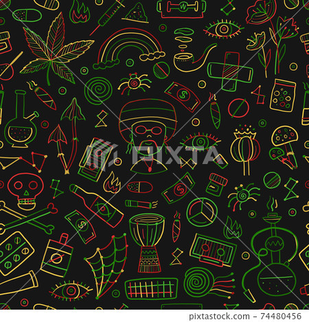 Drugs addiction. Say no to drugs. Rasta collection with skull, marijuana, drum, pills, music symbols. Seamless pattern background 74480456