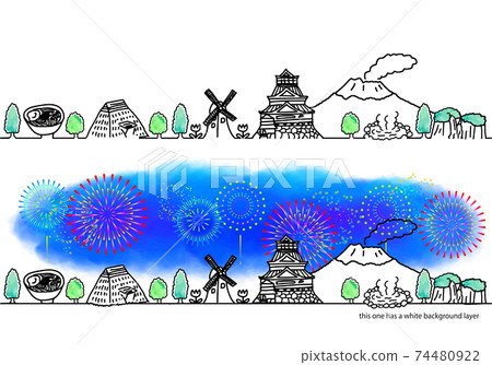 Kyushu cityscape and fireworks simple line art set 74480922