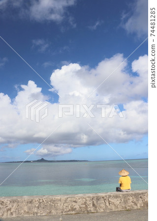 Ie Island in the emerald green blue sea seen from the Bise coast in Motobu Town, Okinawa Prefecture 74481285