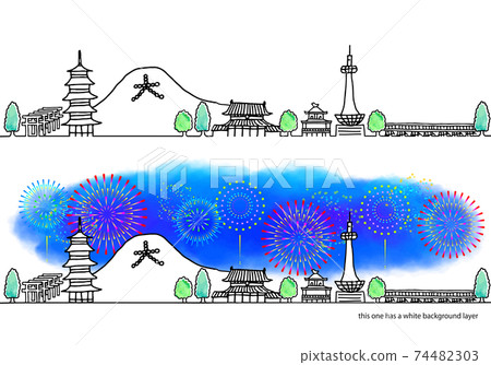 簡單的手寫京都城市景觀和煙花線條藝術集 74482303
