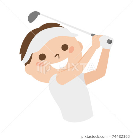 Illustration of a young man playing golf. Men are swinging at golf clubs. 74482363