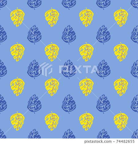 Bright seamless pattern with yellow colored monstera shapes print. Blue background. Simple design. Bright seamless pattern with yellow colored monstera shapes print. Blue background. Simple design. 74482655