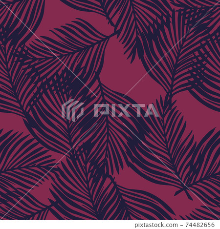 Exotic foliage seamless pattern with random navy blue fern leaf shapes. Pink dark background. Exotic foliage seamless pattern with random navy blue fern leaf shapes. Pink dark background. 74482656