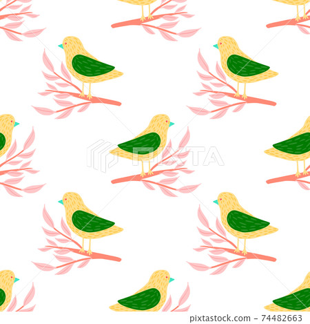 Isolated seamless kids style pattern with bright yellow and green colored birds on pink branches. Isolated seamless kids style pattern with bright yellow and green colored birds on pink branches. 74482663