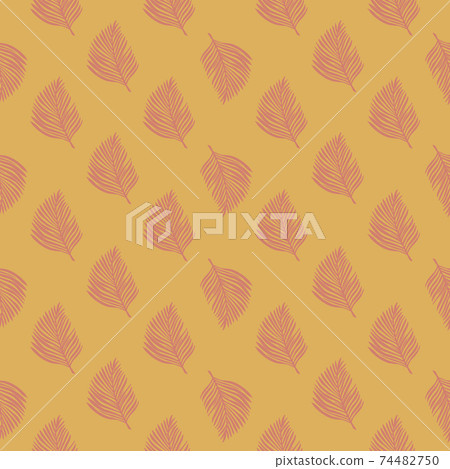 Nature seamless pattern with pale pink doodle fern leaves silhouettes ornament. Ocher pastel background. 74482750