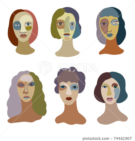 Set of woman abstract faces. Portraits in minimalistic style. Set of woman abstract faces. Portraits in minimalistic style. 74482907