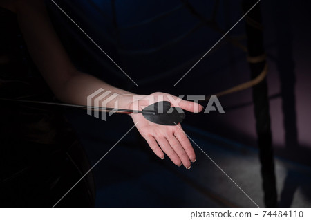 An unrecognizable woman demonstrates an elegant thin leather strip whip in a dark bedroom. Close-up of female hands with a bdsm toy. Pain and pleasure.Adult toy for slaps. An unrecognizable woman demonstrates an elegant thin leather strip whip in a dark bedroom. Close-up of female hands with a bdsm toy. Pain and pleasure.Adult toy for slaps. 74484110