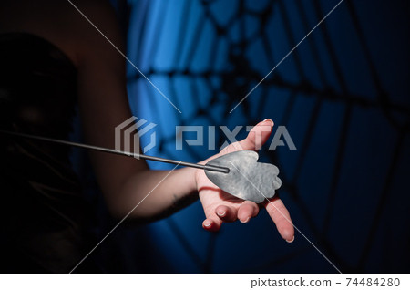 An unrecognizable woman demonstrates an elegant thin leather strip whip in a dark bedroom. Close-up of female hands with a bdsm toy. Pain and pleasure.Adult toy for slaps. An unrecognizable woman demonstrates an elegant thin leather strip whip in a dark bedroom. Close-up of female hands with a bdsm toy. Pain and pleasure.Adult toy for slaps. 74484280