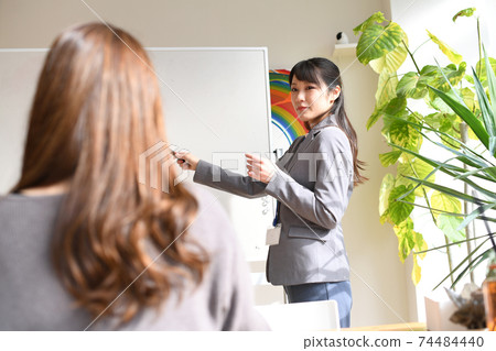 Female seminar instructor explaining on the whiteboard 74484440