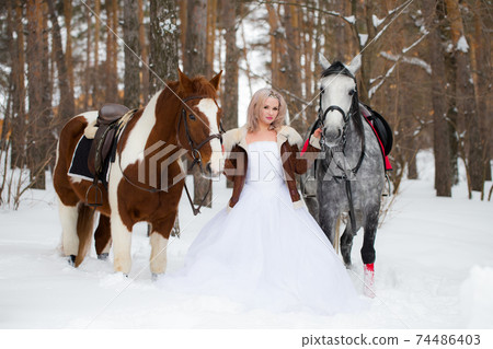 blond woman between horses outdoors in winter nature park. Portrait of a laughing woman with two horses. Friendship and pets concept. blond woman between horses outdoors in winter nature park. Portrait of a laughing woman with two horses. Friendship and pets concept. 74486403