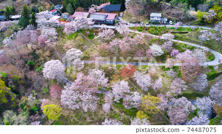 世界遺產與奈良縣吉野山上的千本櫻街道（下西本邦街）從空中拍攝 74487075