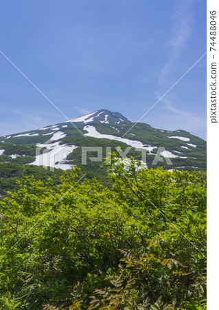 Overlooking Mt. Chokai with the remaining snow in early summer Overlooking Mt. Chokai with the remaining snow in early summer 74488046