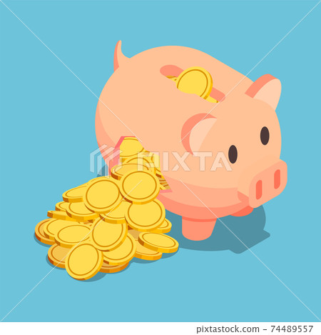 Isometric Golden Coin Come Out From Broken Piggy Bank Isometric Golden Coin Come Out From Broken Piggy Bank 74489557