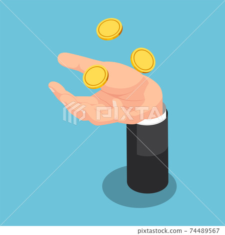 Isometric Businessman Throwing Up Coin On His Hand Isometric Businessman Throwing Up Coin On His Hand 74489567