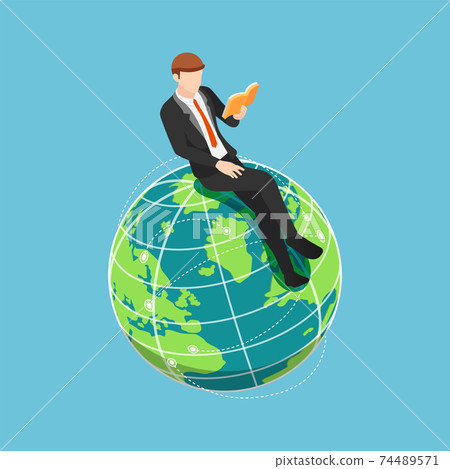 Isometric Businessman Sitting and Reading Book on The World 74489571