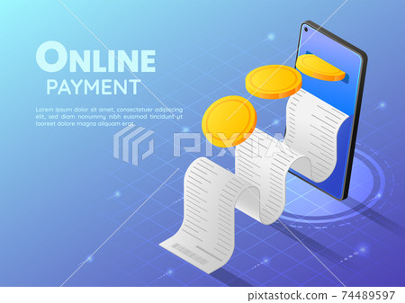 Isometric Web Banner Gold Coin Going into Smartphone with Receipt 74489597
