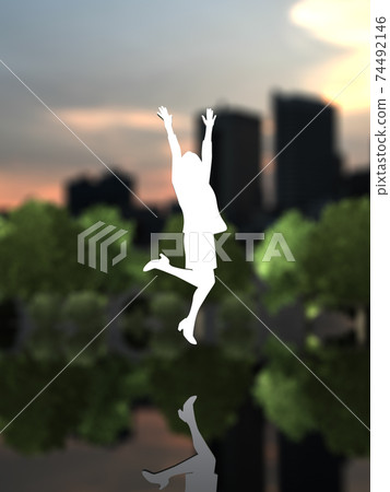 Silhouette of one woman who is happy to jump CG illustration 74492146