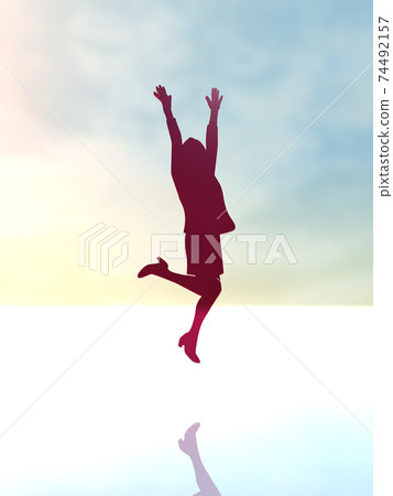 Silhouette of one woman who is happy to jump CG illustration 74492157
