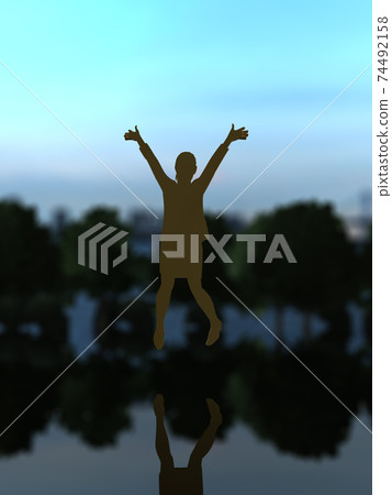 Silhouette of one woman who is happy to jump CG illustration 74492158