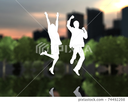 Silhouettes of two men and women who are happy to jump CG illustration 74492208