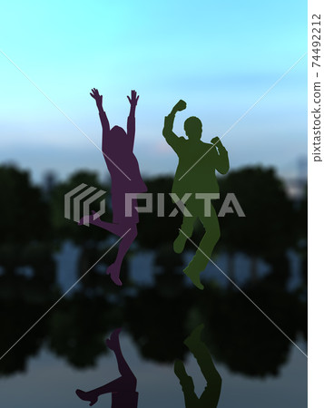 Silhouettes of two men and women who are happy to jump CG illustration 74492212