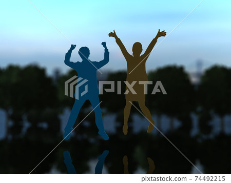 Silhouettes of two men and women who are happy to jump CG illustration 74492215