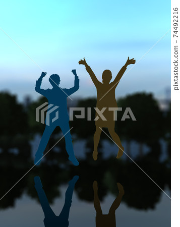 Silhouettes of two men and women who are happy to jump CG illustration Silhouettes of two men and women who are happy to jump CG illustration 74492216