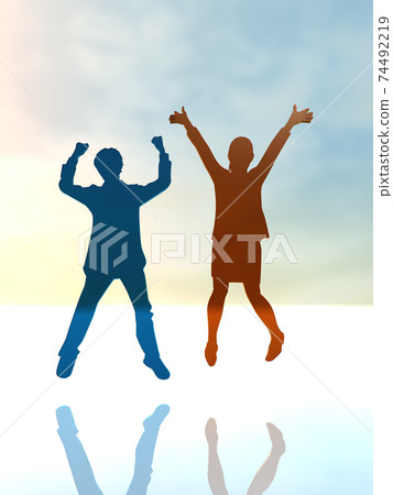 Silhouettes of two men and women who are happy to jump CG illustration Silhouettes of two men and women who are happy to jump CG illustration 74492219