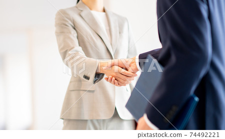 Business woman shaking hands "LINK FOREST" shooting cooperation 74492221