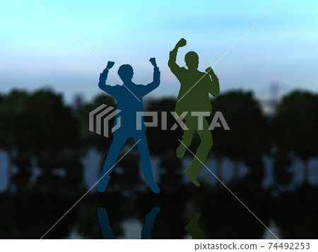 Silhouette CG illustration of two men who are happy to jump Silhouette CG illustration of two men who are happy to jump 74492253