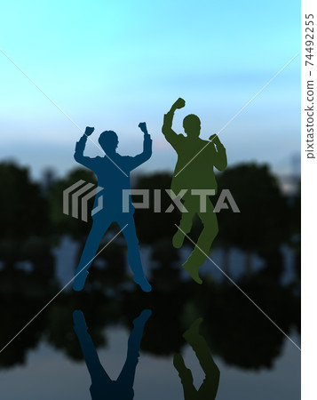 Silhouette CG illustration of two men who are happy to jump 74492255