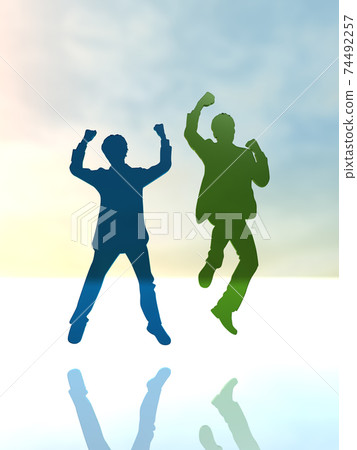 Silhouette CG illustration of two men who are happy to jump Silhouette CG illustration of two men who are happy to jump 74492257