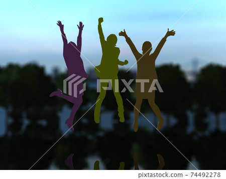 Silhouette CG illustration of three women who are happy to jump 74492278