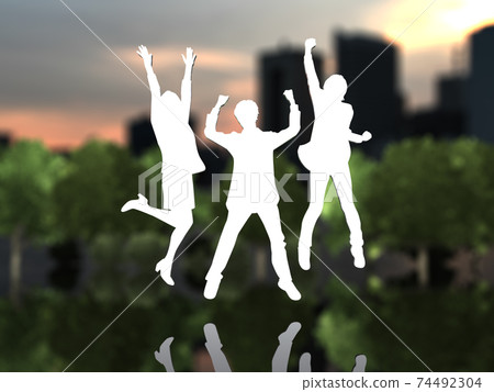 Silhouettes of three men and women who are happy to jump CG illustration 74492304