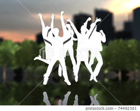 Silhouettes of 5 men and women who are happy to jump CG illustration 74492381