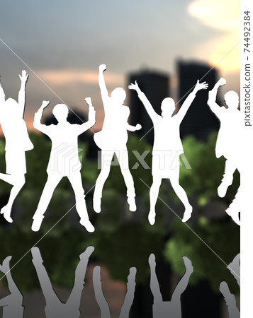 Silhouettes of 5 men and women who are happy to jump CG illustration 74492384