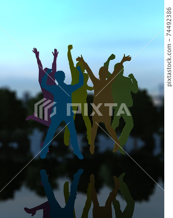 Silhouettes of 5 men and women who are happy to jump CG illustration Silhouettes of 5 men and women who are happy to jump CG illustration 74492386