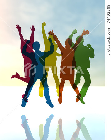 Silhouettes of 5 men and women who are happy to jump CG illustration Silhouettes of 5 men and women who are happy to jump CG illustration 74492388