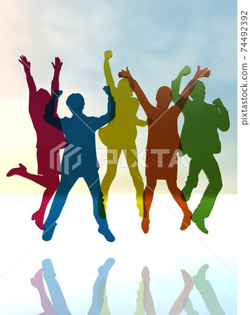 Silhouettes of 5 men and women who are happy to jump CG illustration 74492392