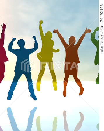 Silhouettes of 5 men and women who are happy to jump CG illustration 74492398