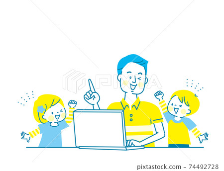 A smiling parent and child and a computer 74492728