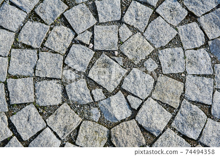 background - fragment of an old sidewalk paved with granite paving stones background - fragment of an old sidewalk paved with granite paving stones 74494358