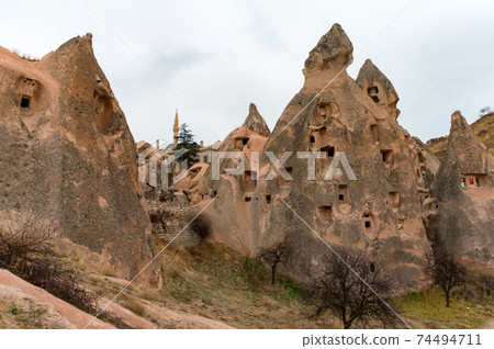 Landscape view of Uchisar, Cappadocia, Turkey under cloudy sky 74494711
