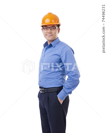 portrait of asian man with orange safety hat, isolated on white portrait of asian man with orange safety hat, isolated on white 74496231