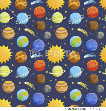 Pattern of cute planets seamless pattern on dark background Pattern of cute planets seamless pattern on dark background 74496319