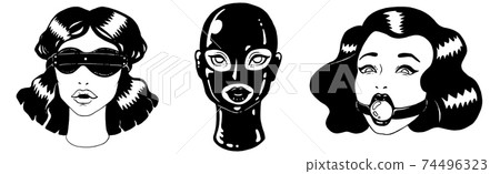 Attractive elegant vintage BDSM girls set. Ball gag, latex hood and blindfold. 74496323